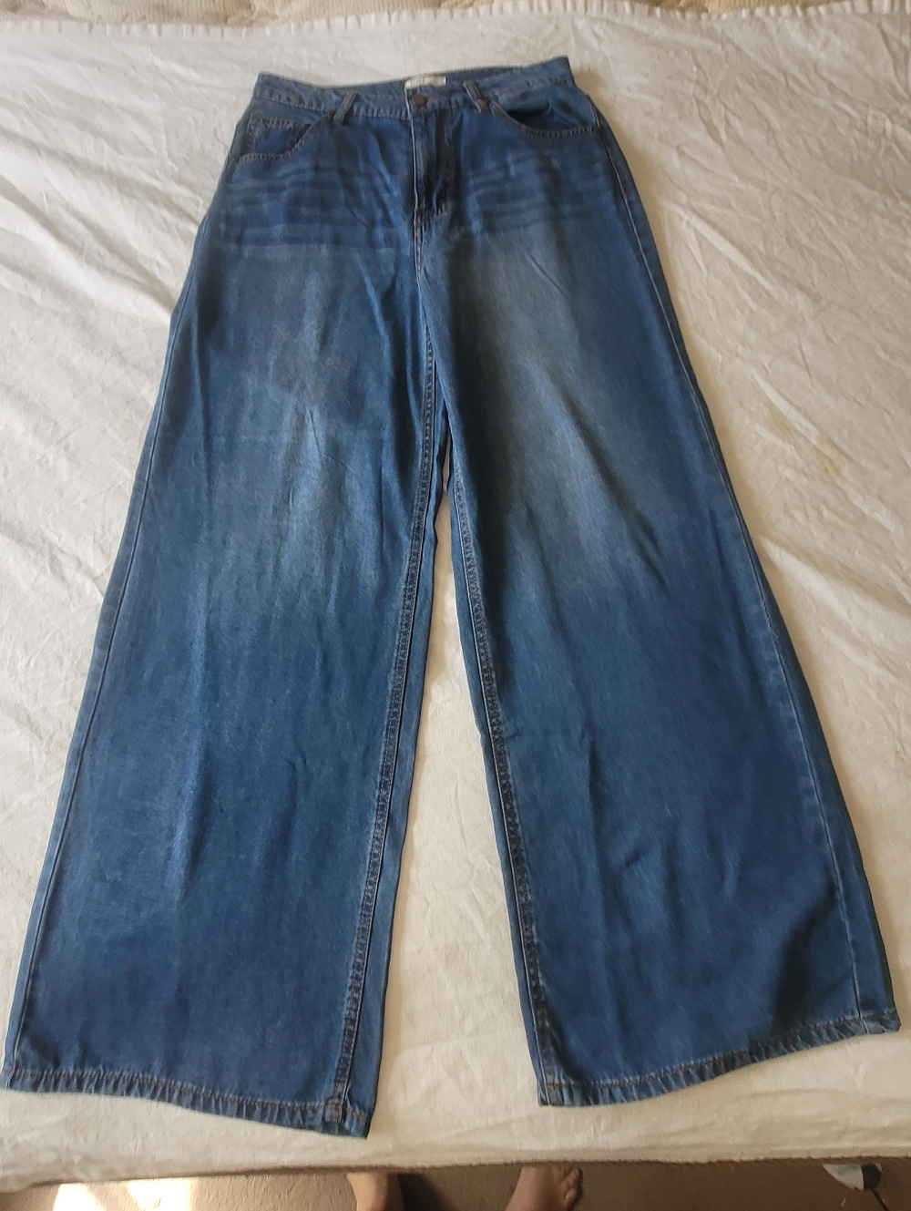 OAT New York Pants Women's 10/30 Wide Leg Denim Blue Front Patch Pockets Trouser